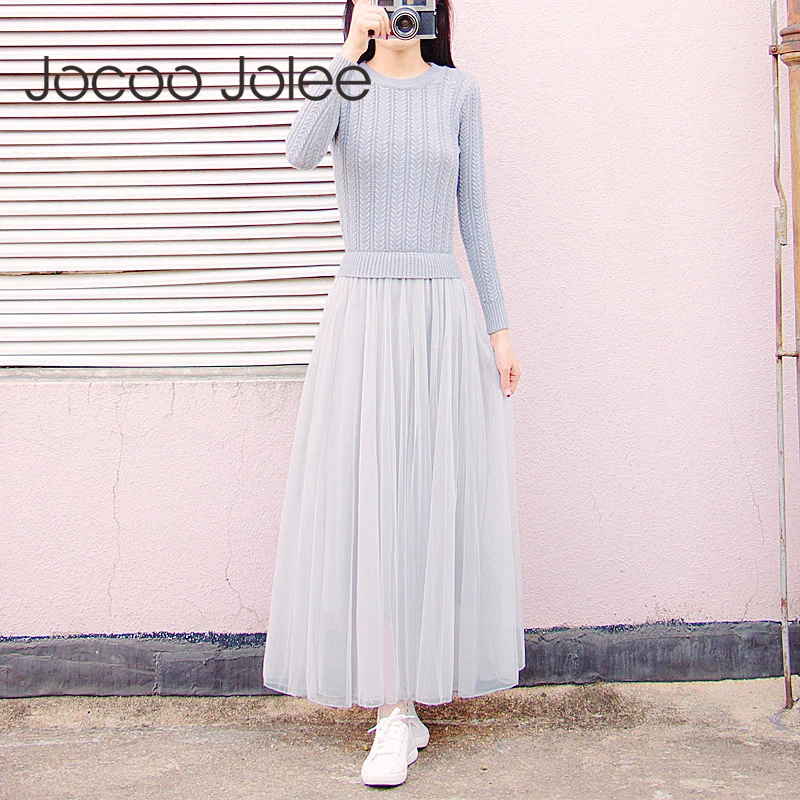 

Jocoo Jolee 2018 New Elegant Knitted Sweater Dress Women Casual Autumn Winter Sweater Mesh Patchwork Midi Dress Party Dress