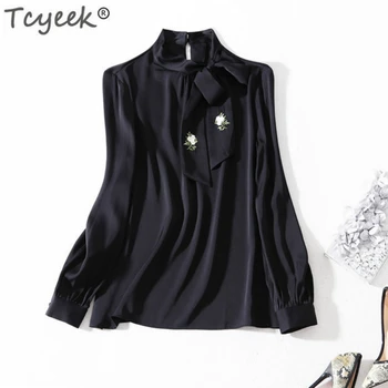 

Tcyeek Women Long Sleeve Shirts Real Silk Tops and Blouses Korean Fashion Clothing Vintage Rea Black Blouse Spring 2020 LWL1624