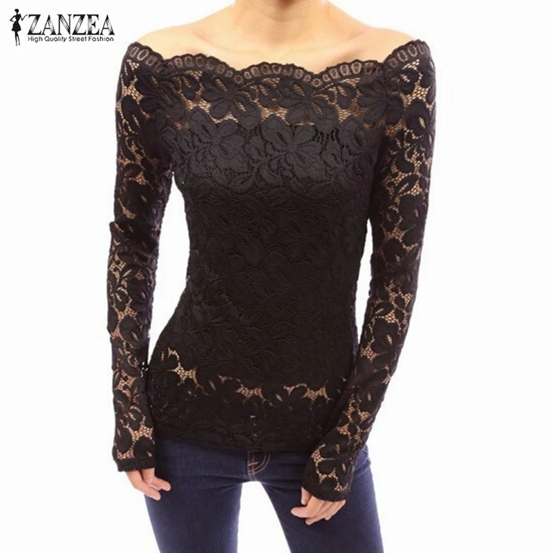 

Blusas 2015 Autumn Sexy Women Off Shoulder Slash Neck Lace Crochet Solid Shirts Long Sleeve Slim Casual Basic Top Blouse US Size