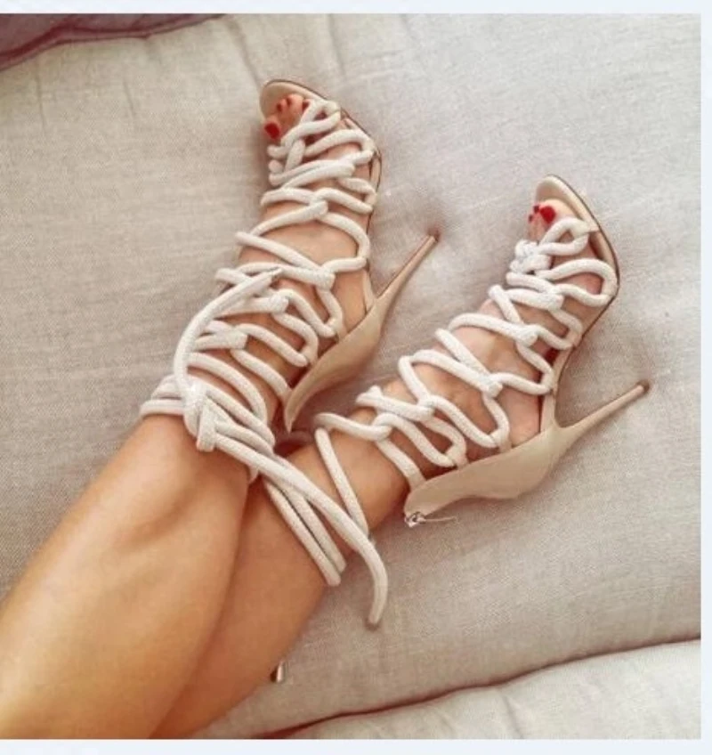 

Rope Leather Patchwork Women Sandals Fashion High Heel Cross-tied Gladiator Sandals Cover Heel Mixed Colors Women Party Shoes