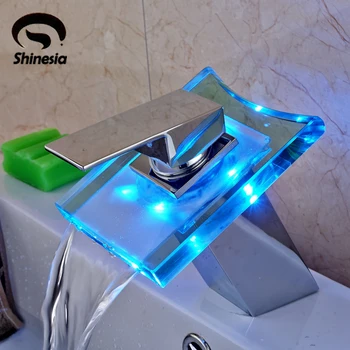 

Chrome LED Waterfall Glass Spout Bathroom Single Handle Basin Faucet Mixer Tap