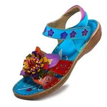  Comfy Hand Painted Genuine Leather Floral Splicing Buckle Hook Loop Sandals Retro Summer Shoes New Ladies Shoes New 