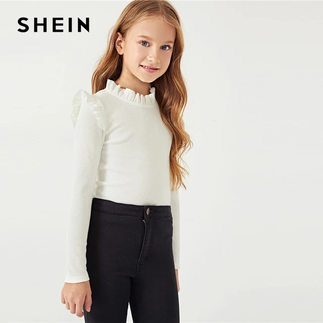 SHEIN White Solid Girls Frilled Neckline Casual Kids T-Shirt Girls Tops 2019 Spring Long Sleeve Ruffle Cute T-Shirts For Girls 4