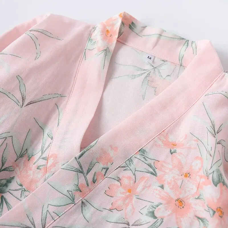 Spring New Comfort Japanese Kimono Pajamas Set Ladies Flower Gauze Cotton Thin Sweat Steaming Suit Cardigan Home Service
