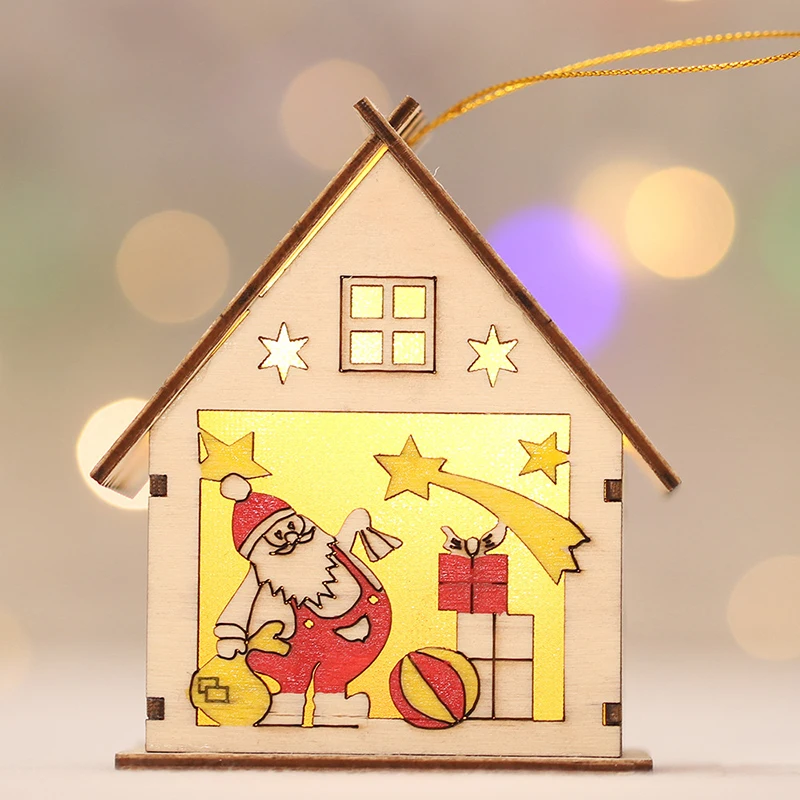 

1pc Wood House Christmas Santa Claus Pendant Tree Decorations Hanging Ornaments Luminous Cabin House For Christmas New Year