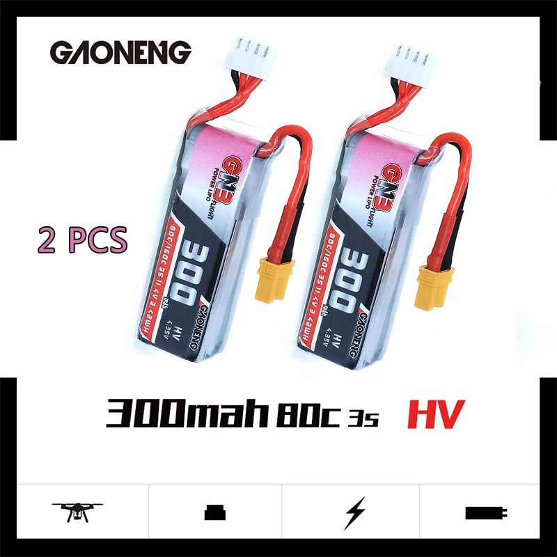 

2PCS Gaoneng GNB 300mah 11.4V 80C/160C HV LipoBattery With XT30 Plug For BETAFPV Beta75X 3S Beta65X 2S Whoop Drones