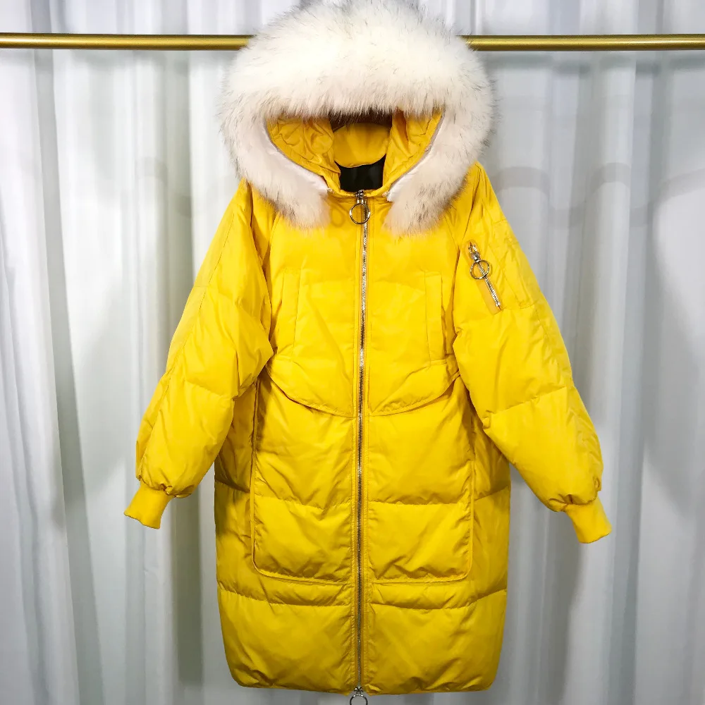 Chaud Veste Lâche Femelle Canard À Naturel Raton Laveur Long Jaune Down Duvet Femmes Bas Vers Capuchon 2018 De Blanc Hiver Le Manteaux Réel Parkas Fourrure U5F6wxHqA