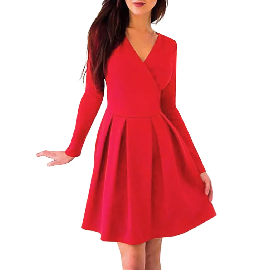 Casual Party Dress Female Dress Women s Fashion Long Sleeve Solid Color