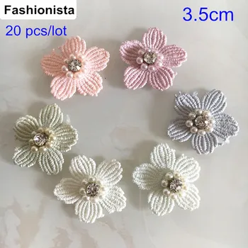 

20 pcs Small Nice Fabric Flower With Pearls & Rhinestone Center,3.5cm(1.4") Handmade 5 Petal Flower Flat Back,DIY Fabric Flowers