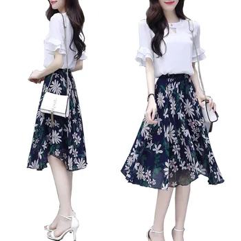 

Korean Rushed Pattern Ruffles O-neck Polyester Cotton Full Knee-length Version Chiffon 2019 Summer New Retro Elegant Two-piece