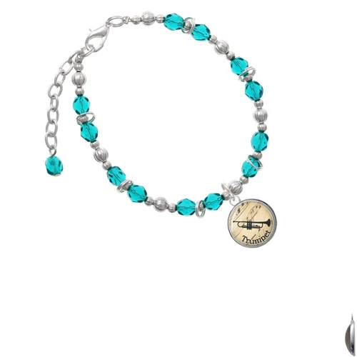Silvertone Domed Music - Trumpet Teal Beaded Bracelet