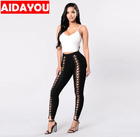 

Womans Ripped Jeans Black Bandage Pants Sexy Hollow Out High Waist jeans Trousers ouc919a