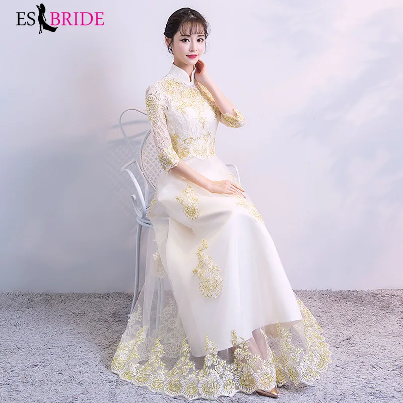 

White Simple Vestidos De Fiesta De Noche Short Sleeve Evening Dresses Gold Lace Appliques Evening Dress Robe De Soiree ES2490