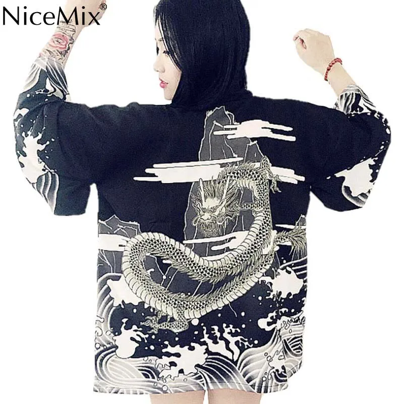 

NiceMix 2019 Summer Fashion Women Casual Loose Vintage Long Sleeve Dragon Print Chiffon Cardigan kimono Blouse Tops Japanese Sty