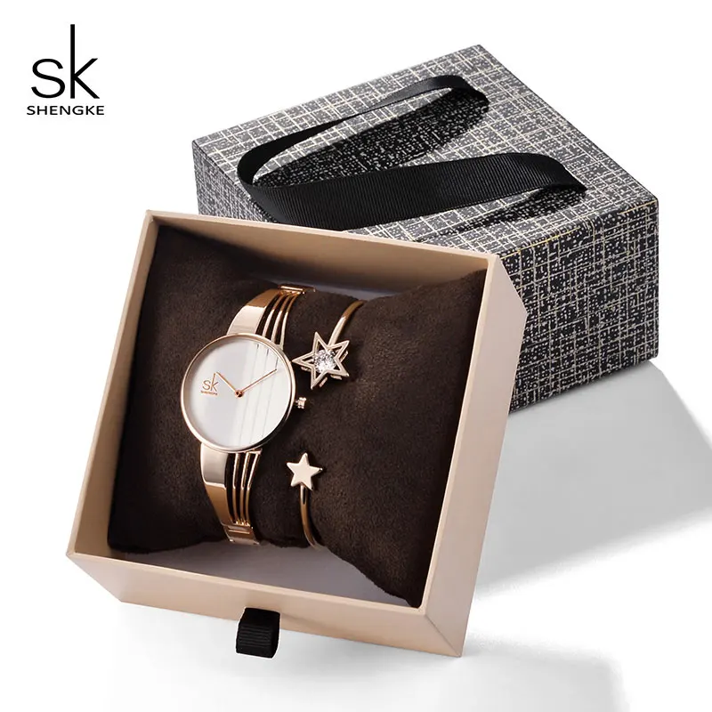 Shengke женские Роскошные Кварцевые часы с кристальной звездой браслет золотой браслет часы набор SK подарок на день рождения для женщин