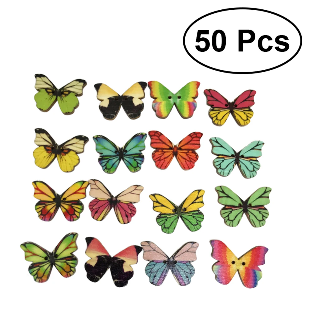 

50 Pcs Buttons Colorful Butterfly Cartoon DIY Snaps Wooden Snaps Wooden Buttons for Kniting Scrapbook Sewing DIY Craft