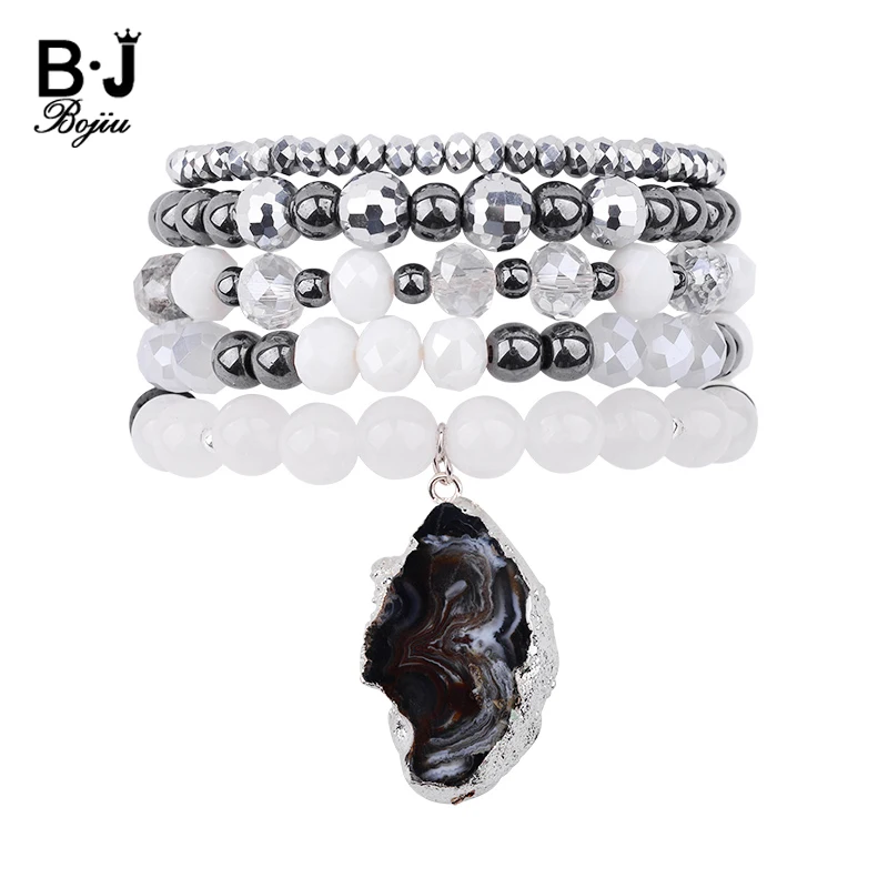 

BOJIU 5 Pcs/Set Elastic Women Charm Bracelets Silver White Clear Crystal White Quartz Black Hematite Lava Bead Bracelet BCSET247