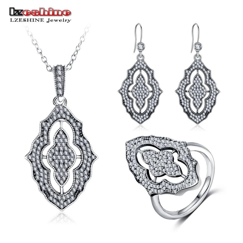 

LZESHINE 100% 925 Sterling Silver Jewelry Set with Pendant Necklace /Rings /Earrings CZ Stone Sterling Silver Jewelry PSST0004-B