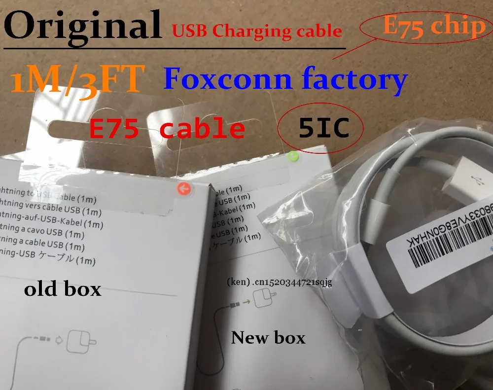 

100Pcs 100% Genuine Original 1m/3ft E75 Chip OD: 3.0mm Data USB charger Cable for i5 6 7 8plus X XS MAX For IOS10 with New box