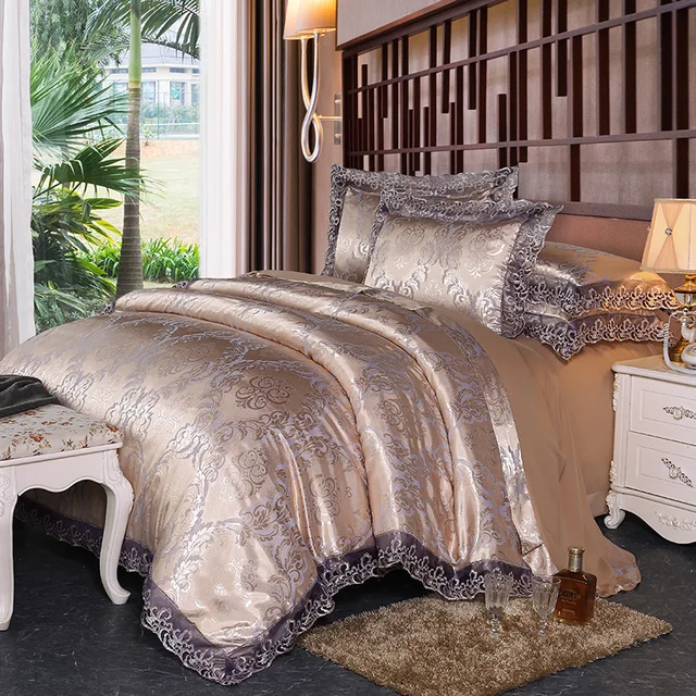 Gold Silver Jacquard Bedding Sets Palace Style Satin Lace Edge Bedding Kit 4pcs Duvet Cover Bed