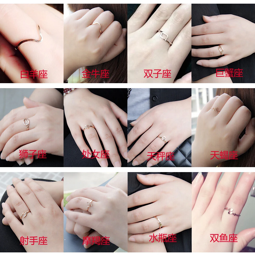 New-Design-12-constellations-Zodiac-Sign-Finger-Rings-Rose-Gold-color-316-titanium-steel-Adjustable-size