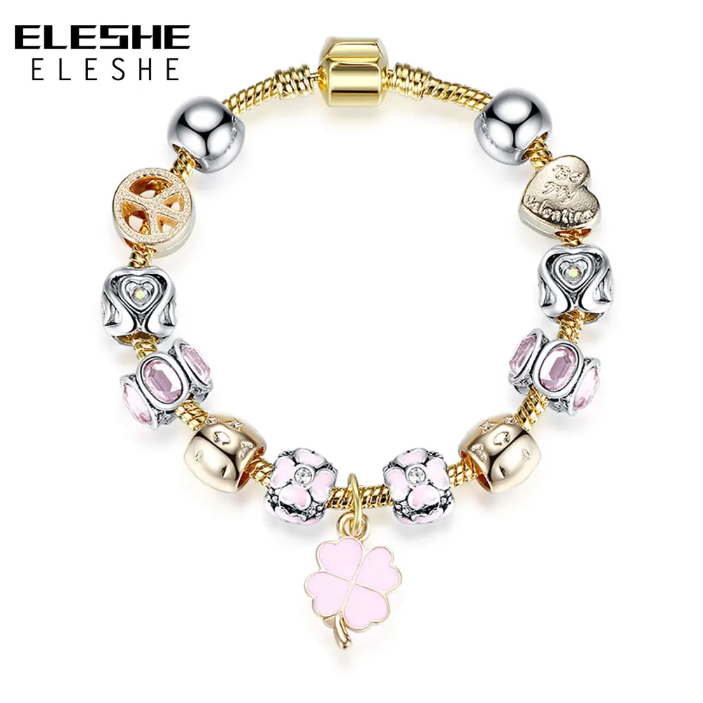 

ELESHE Crystal Beads Fit Original Bracelets For Women Friendship Daisy&Petals of Heart Charm Gold Chain Bracelet Bangle