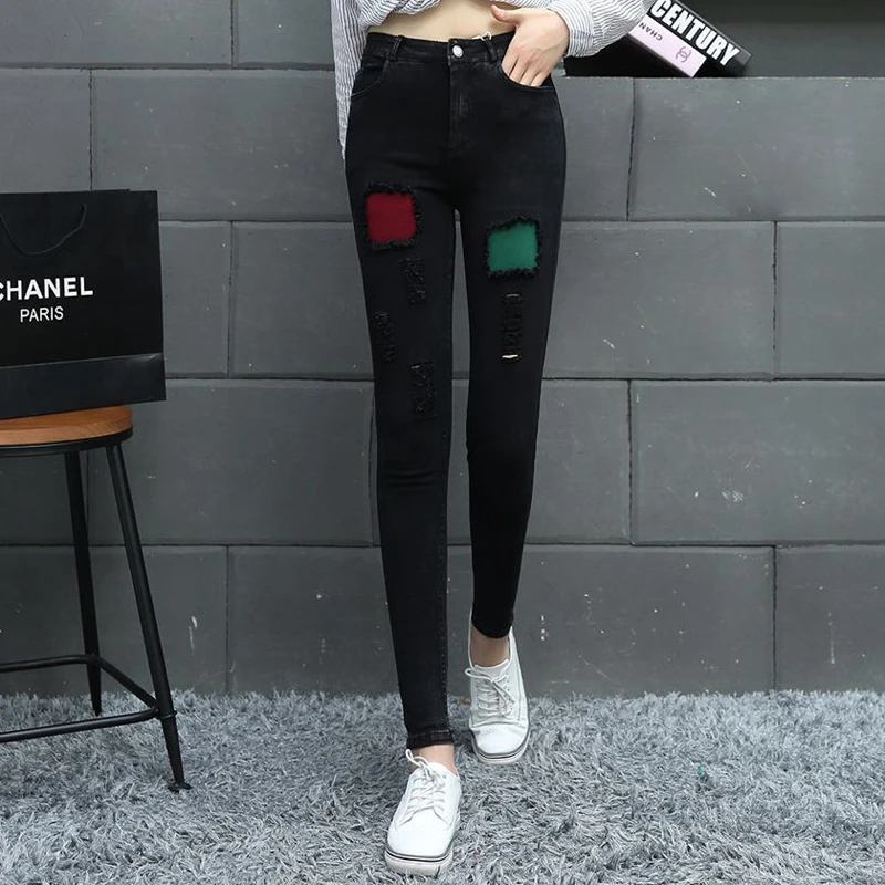 

Women Ripped Pattern Jeans Female Plus Size Trousers Vintage Ladies Black Denim Pants Pencil Casual Fashion with Pockets