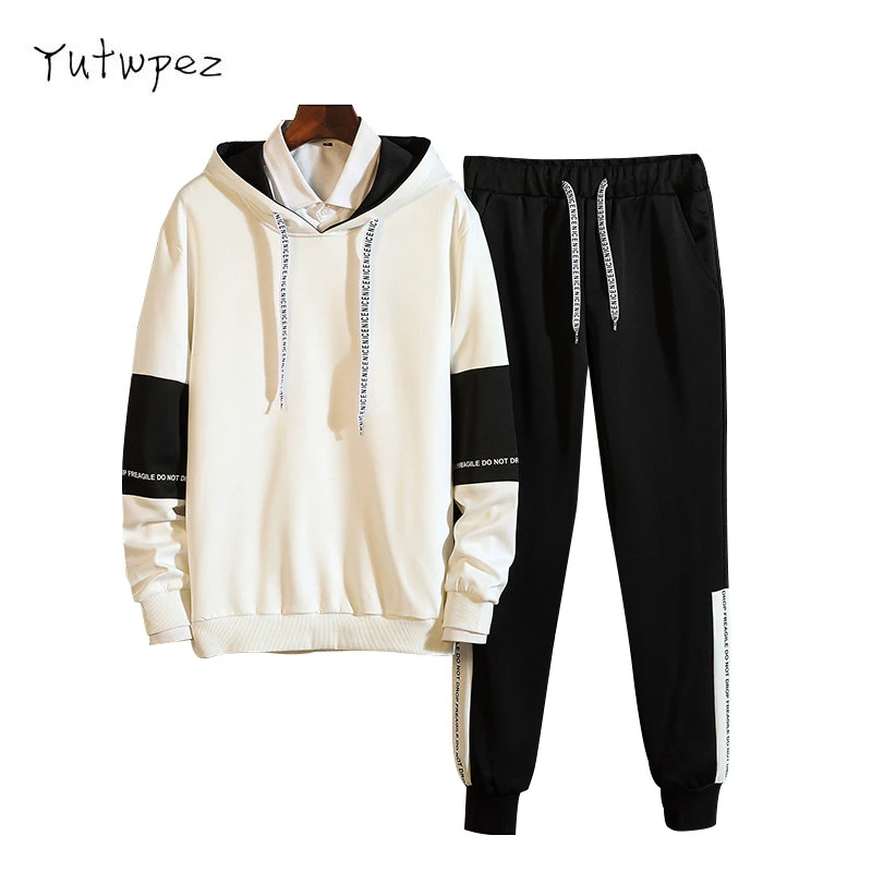 

Tracksuit Men Spring 2PC Hoodies +Pant Sweat Suit Casual Hooded Coats Warm Sweatshirt Male Sets Patchwork Moletom Masculino 2019