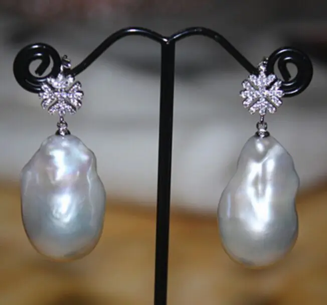 

huge 20-25mm south sea white pearl dangle earring silver