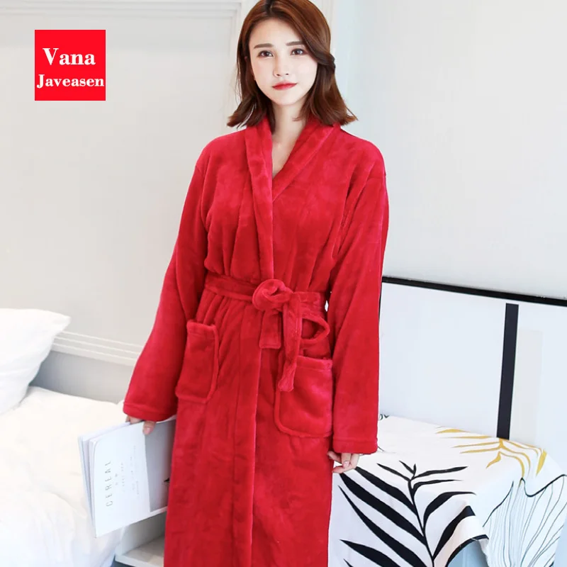 Vana Javeasen Coral Fleece Women Men Bathrobe Pajamas Thicken Warm Autumn Winter Home Couple Sleepwear Turndown Collar Robes - Цвет: Big red