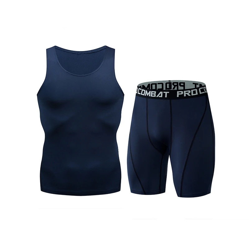 

Brand men's solid color sleeveless T-shirt + shorts fitness tight suit quick-drying compression men's sports suit