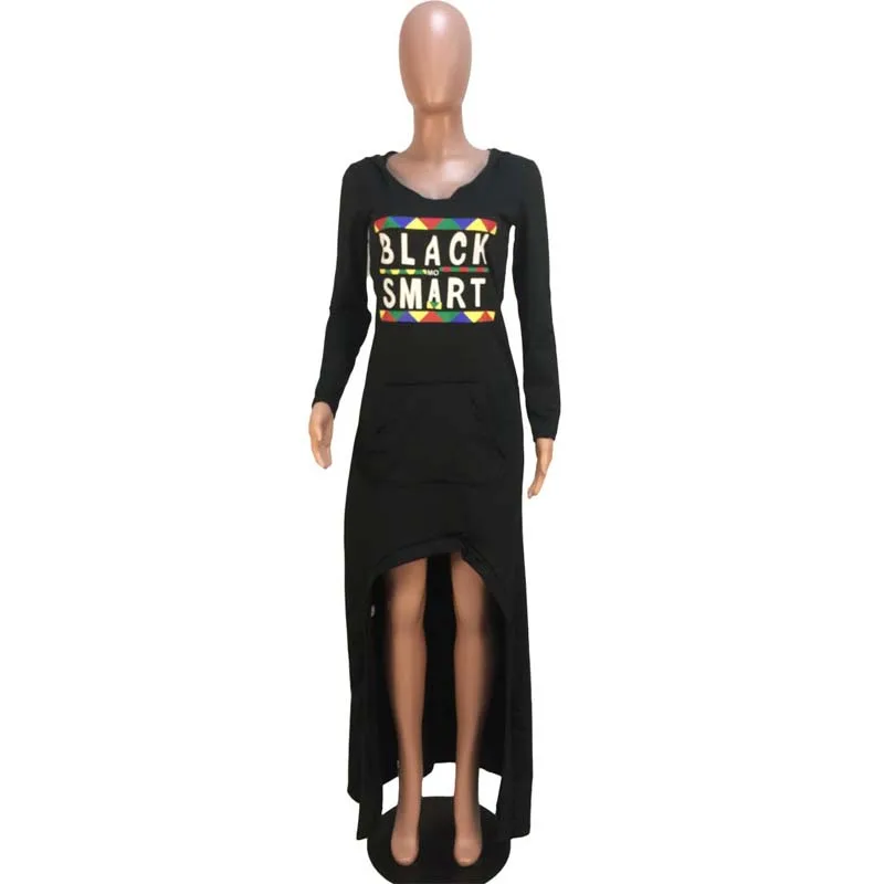 Африканская одежда женское повседневное Свободное платье с буквенным принтом с капюшоном и карманом Макси-платье халат хиппи африканская футболка платье для женщин - Цвет: Черный