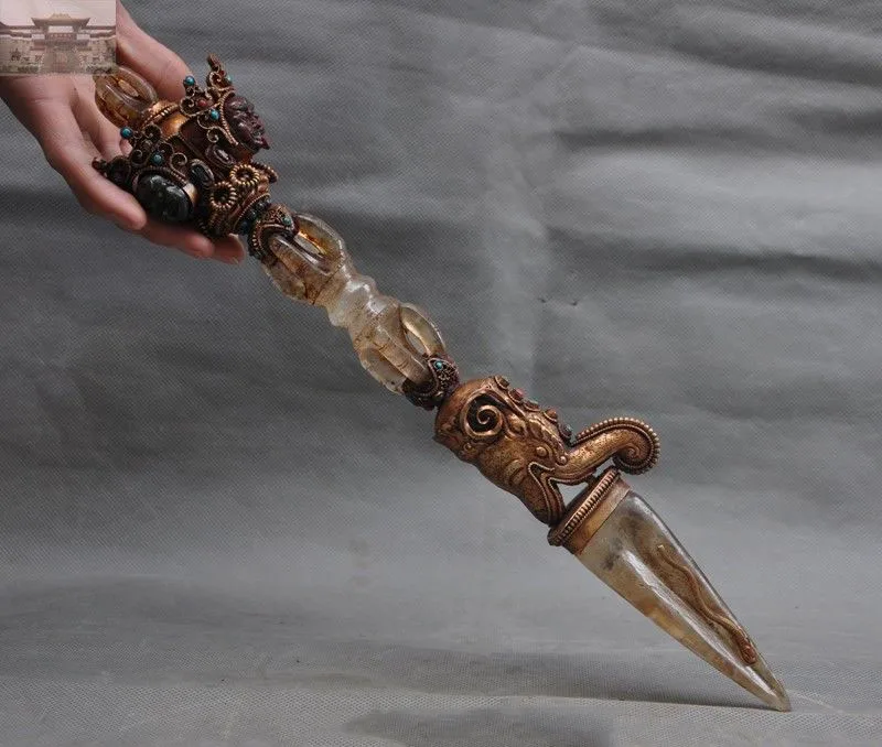 

christmas Tibet Tantra Temple Silver Filigree inlay Gem Crystal Dorje Vajra phurpa Dagger New Year