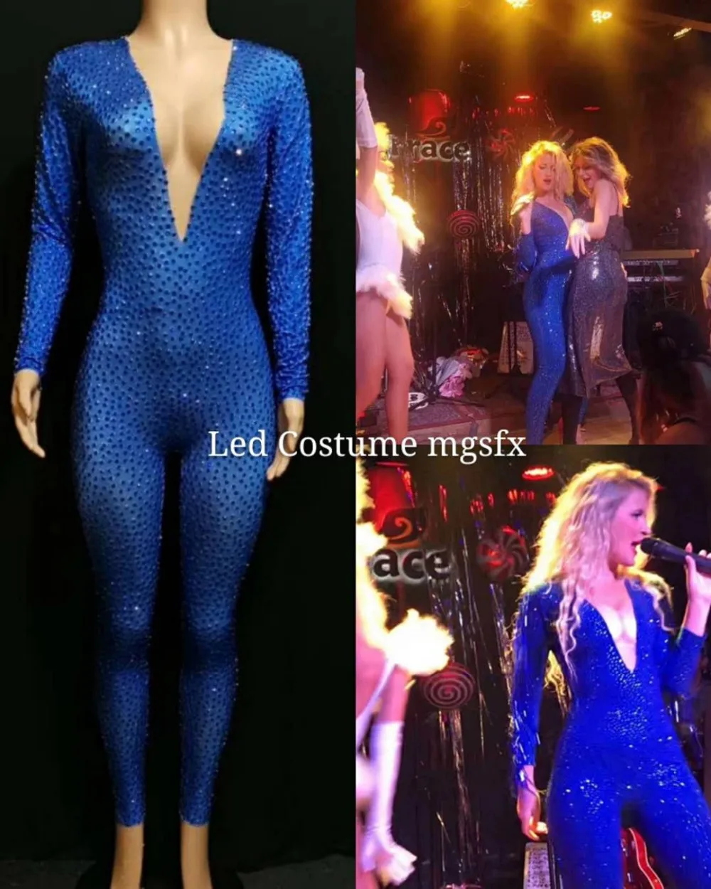 

Sexy Blue full diamond leotord dance costumes nightclub dress dance Cosplay DJ bar jumpsuits
