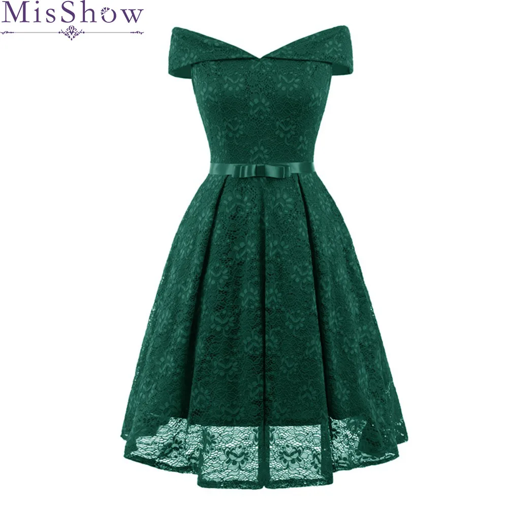 Curto da Dama de Honra Fora do Ombro Vestido de Dama de Honra Gola em v para Festa de Casamento Vestido Renda Verde Curto