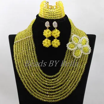

Handmade Yellow Crystal Flowers Brooch Women Nigerian Wedding Party Necklace African Beads ace Jewelry Sets Free Shipping ABK847