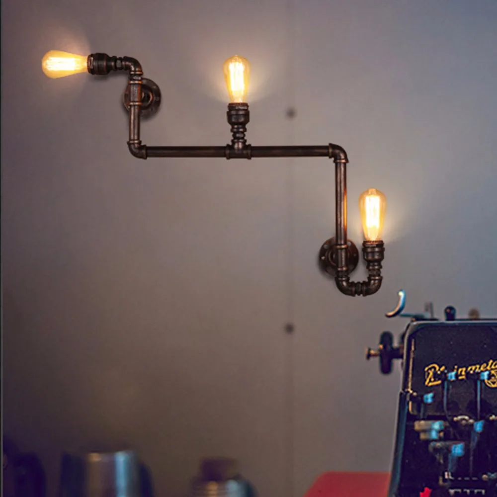 3 Head Loft Industrial Wall Lamp Antique E27 Edison Bulbs Vintage Water Pipe Wall Lamp for Living Room Home Lighting