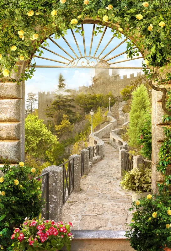 Laeacco Mountain Villa Arch Door Trod Portrait Scene Photographic Backdrops Customized Photography Backgrounds For Photo Studio |