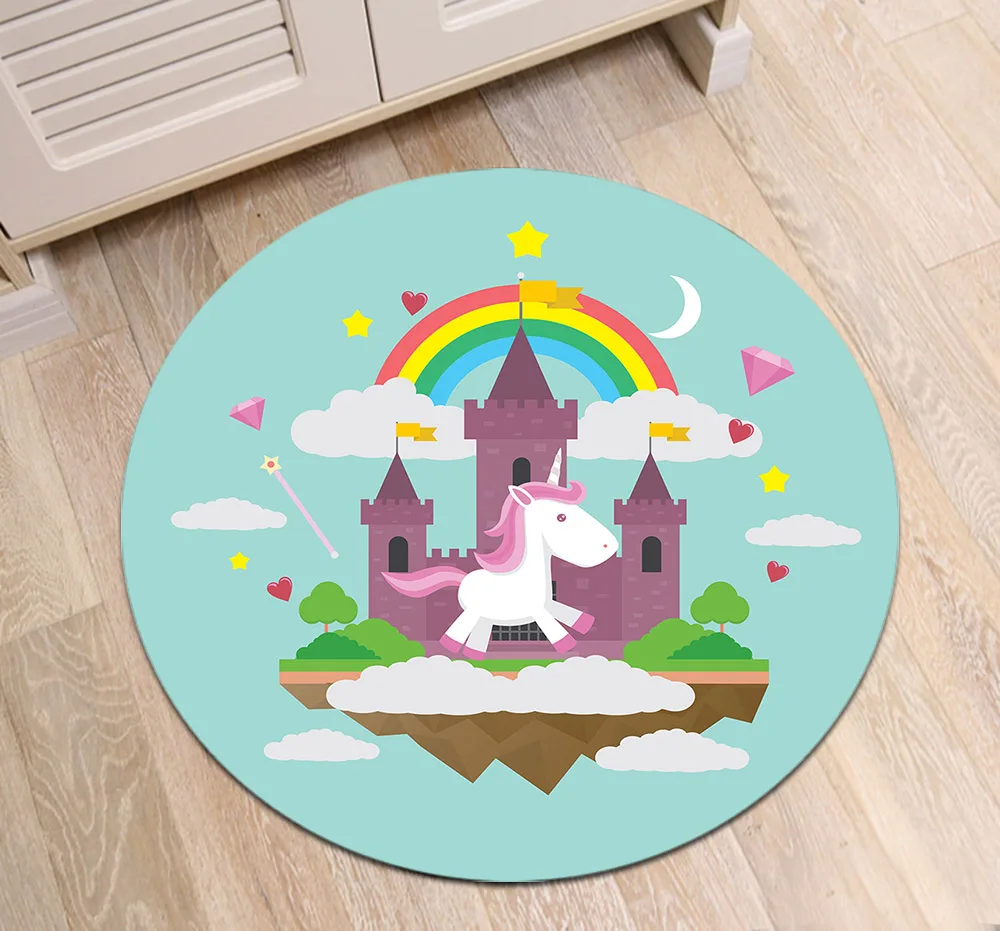 

Unicorn And Rainbow Castle On Island Round Children's Room Carpet Living Room Floor Area Rugs Bathroom Non-Slip Cushion Door Mat
