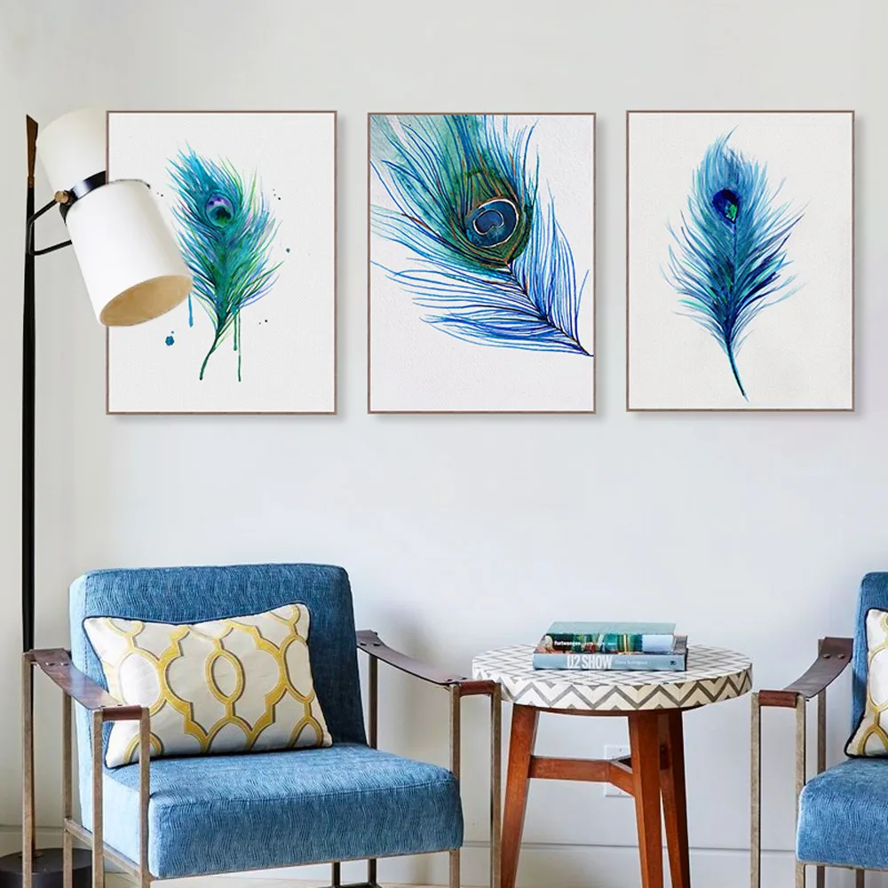 Акварель синее перо павлина плакат живопись Nordic Гостиная Wall Art Печать Рисунка