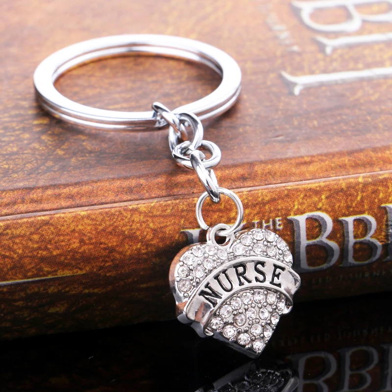 

Bespmosp Silver Plated Clear Rhinestone Crystal Heart Nurse Pendant Keyring Keychain Key Chain Ring Holder Keyfob Jewelry Gifts