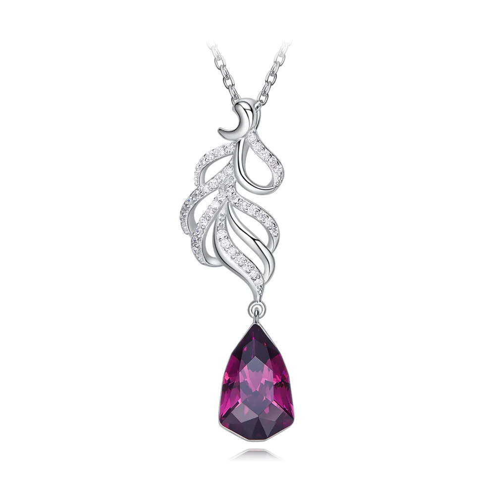 

heezen Luxury Feather Shaped Purple Stone Pendant Necklace Austrian Rhinestone Paved Women Necklace Bijoux Gift for Women