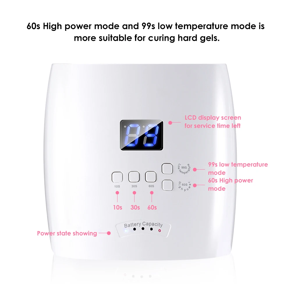 48 W Перезаряжаемые Сушилка для ногтей УФ-светодиодный светильник ногтя Гель-лак леча светильник 30 светодиодный s беспроводной с ЖК-дисплеем 10 s/30 s/60 s таймера