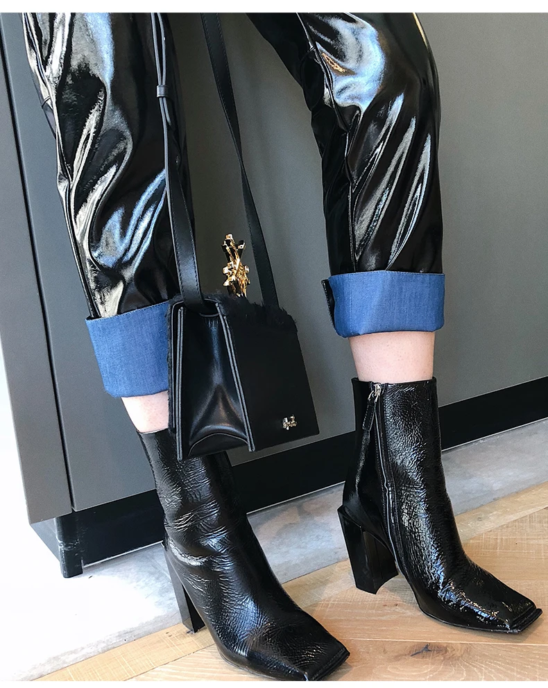 Denim Jambe Femelle Couture New point Bright En Casual L1348 Pantalon Black Automne Cuir Droite Neuf Simple Large Pu BzxZwfB