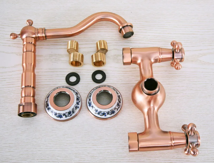 Antique Red Copper Brass Wall Mounted Bathroom Kitchen Sink Faucet Swivel Spout Mixer Tap Double Cross Handles Levers anf942