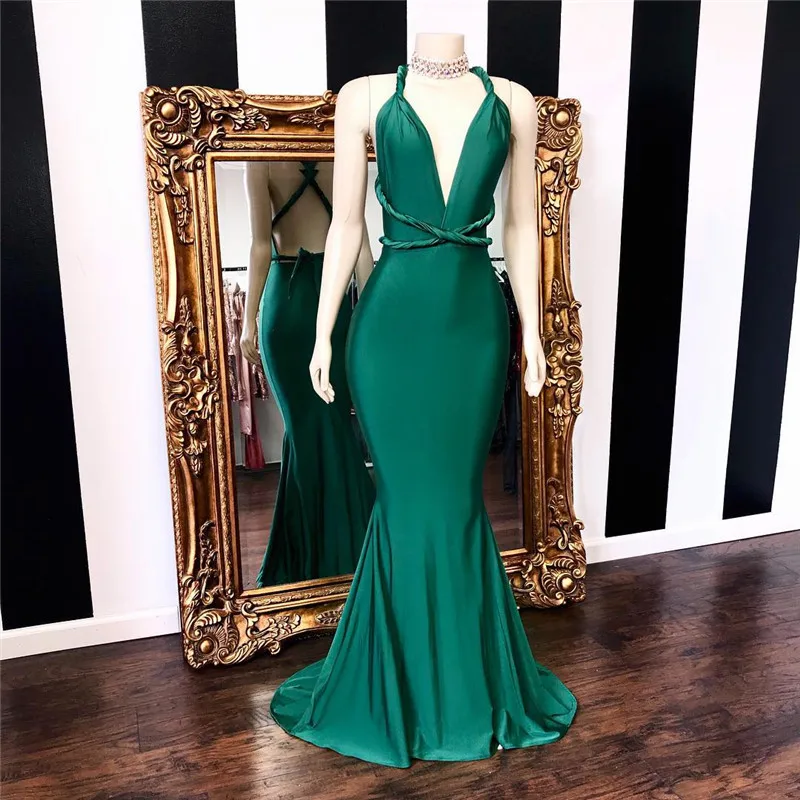 Темно-зеленое Русалка платья для выпускного вечера 2019 сексуальное, с ремешком вокруг шеи Плиссированное Платье для вечерние Для женщин Cross