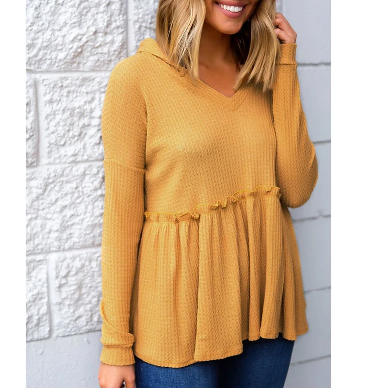 En Ligne Chemise à Manches Longues coréenne Femmes Esthétique Vêtements À Capuche Tshirt Jaune Tricoté hauts Pull Volants Chemises décontracté Streetwear