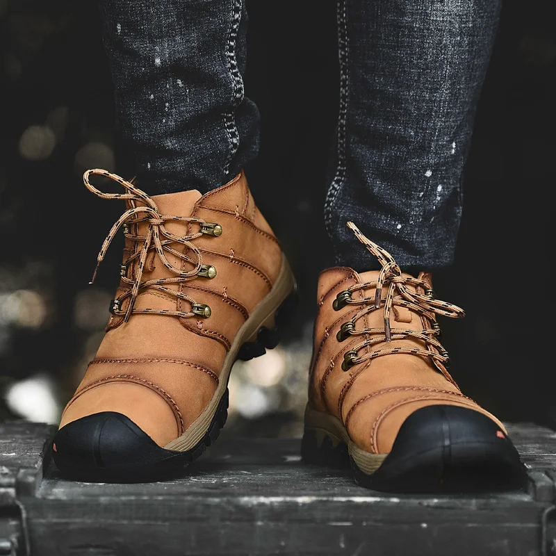 

Men Genuine Leather Medium Cut Outdoor Sport Hiking Shoes Size 38-46 Protect Foot Thumb Design Non Slip Trends Sneakers