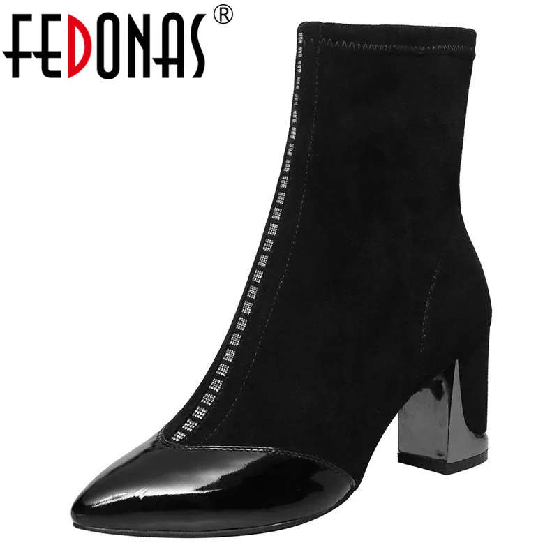 

FEDONAS New Arrival Square Heels Women Ankle Boots Party Night Club Punk Shoes Woman Genuine Leather Crystal Chelsea Boots Shoes