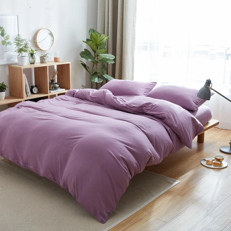 

4 Pieces solid color bedding set lilac bed linens 100% Cotton jersey knitted fitted bed sheet queen king size duvet cover double